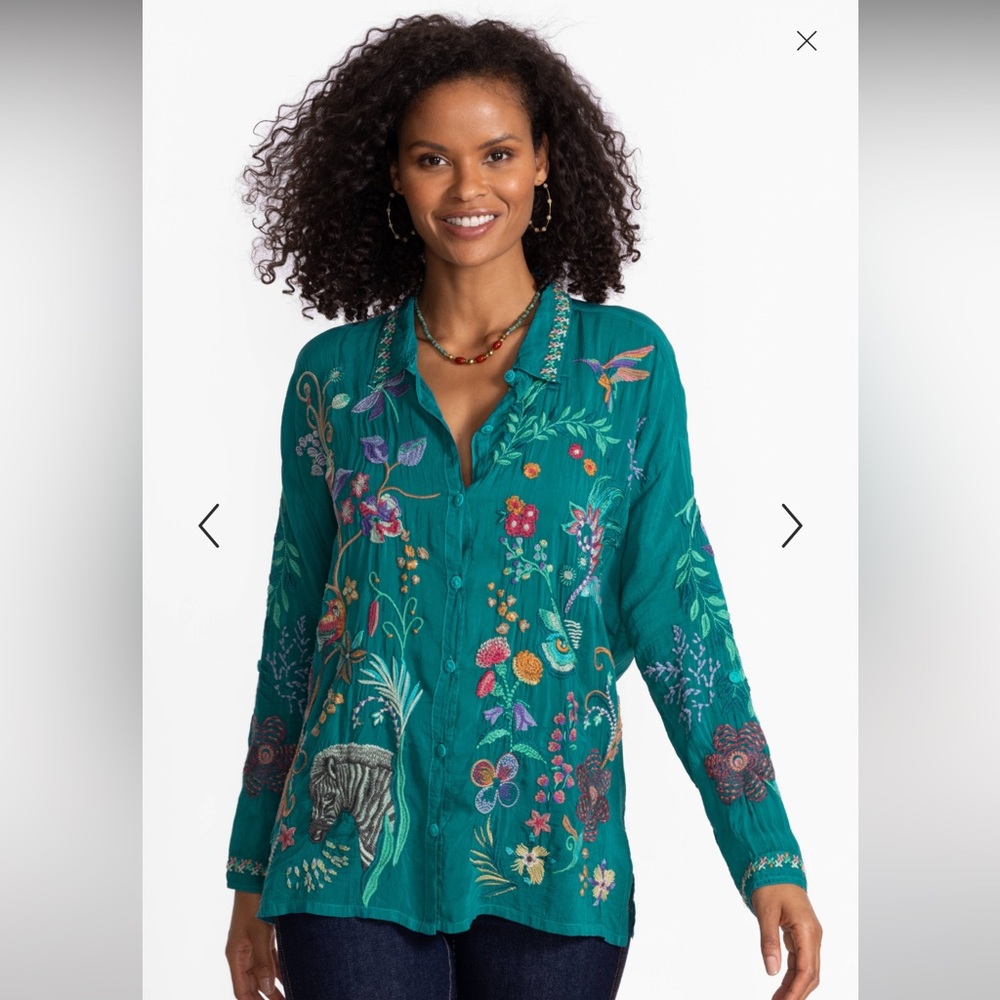 Johnny Was Audrey Collared Shirt Bellina Embroidery Deep Lake Green Size Small